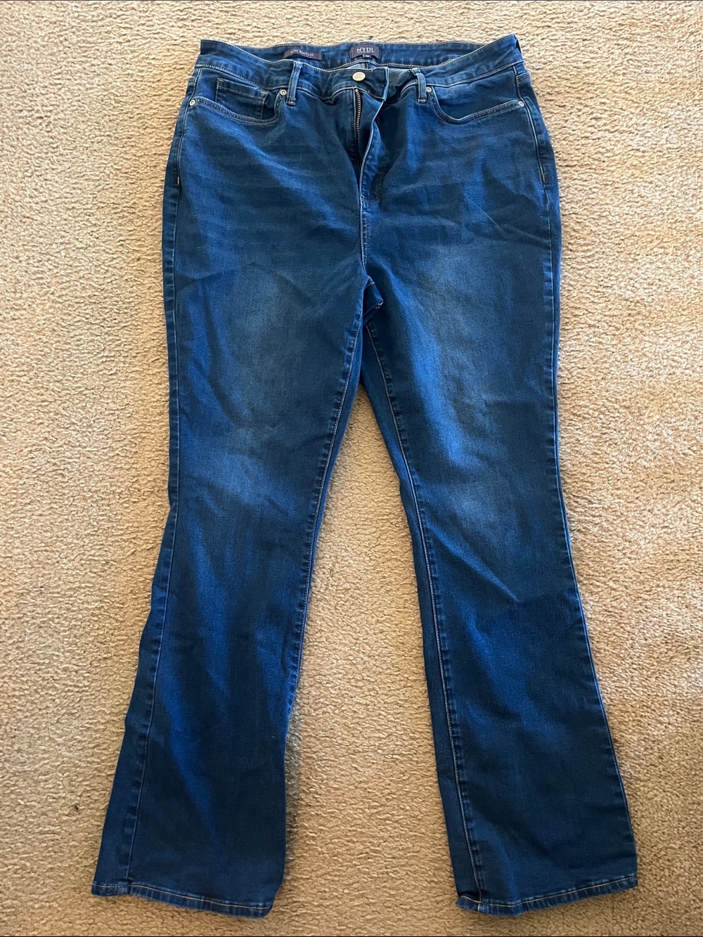 NYDJ Dark Blue Flare Jeans with Subtle Fading